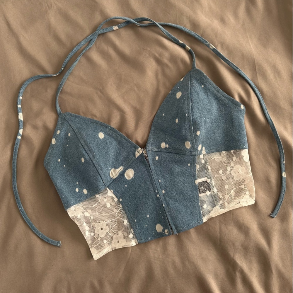 SHEIN Denim Splattered Blue and White Crop Top